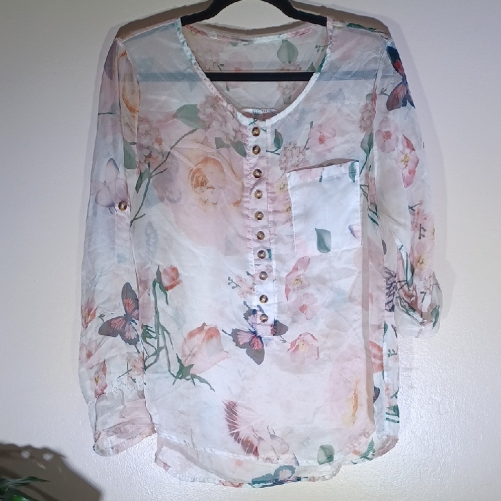 Sheer Floral Button-Up Blouse - Pink and Cream